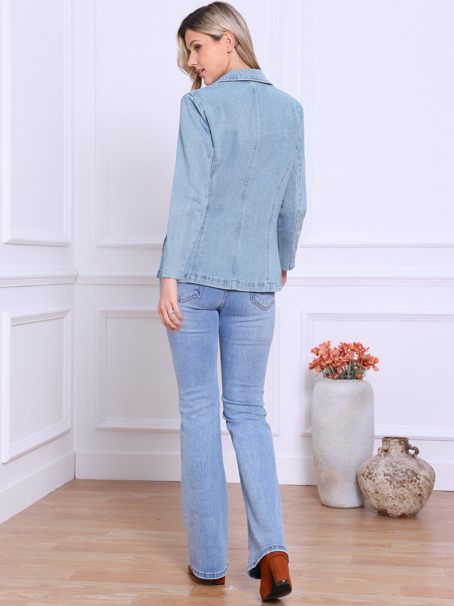 DARING DIVA Women's Notched Lapel Long Sleeve Button Up Denim Blazer S Light Blue