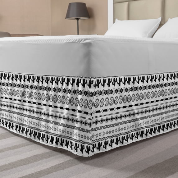 Vintage Tribal Bed Skirt, Monochrome Inspired Motifs Repetition as Horizontal, Elastic Bedskirt Dust Ruffle Wrap Around for Bedding Decor, 4 Sizes, Charcoal Grey White, by Ambesonne