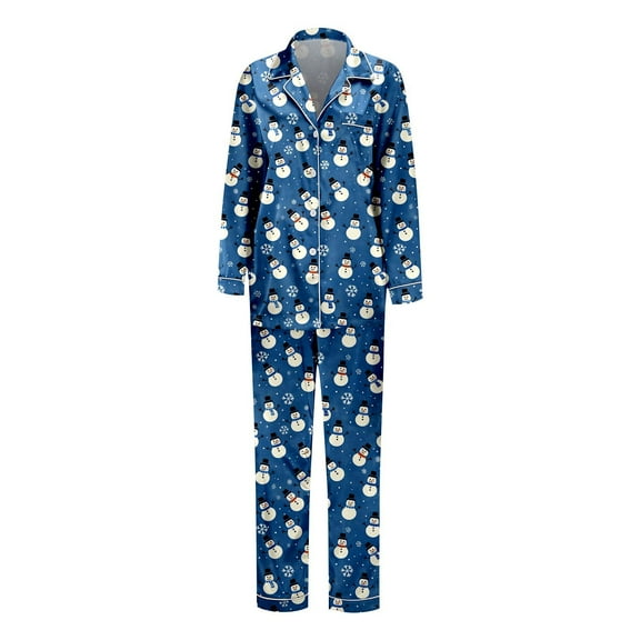 Huowey Christmas Family Silk Pajamas Matching Sets Long Sleeve Button Down Cute Snowflake Snowman Print Loungewear Lightweight Soft Comfortable Holiday Sleepwear For Mom,Blue,L