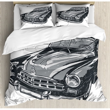 Cars Duvet Cover Set Hand Drawn Vintage Vehicle With Detailed