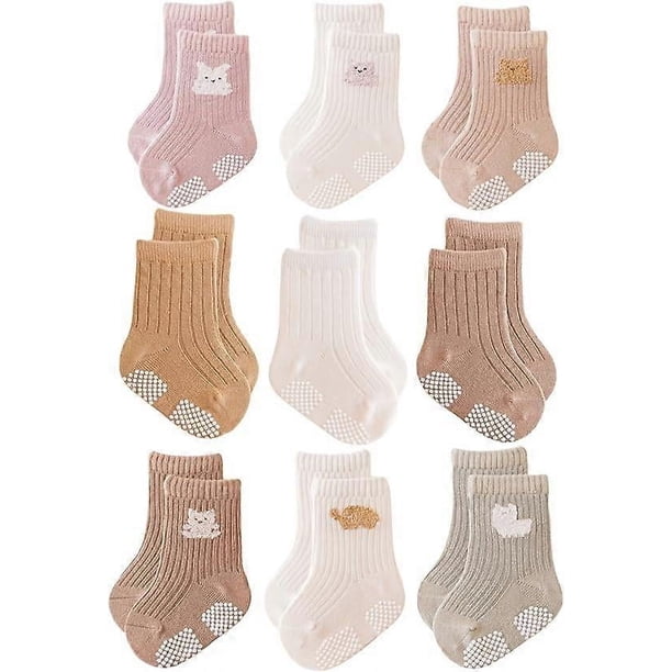 Baby Crew Socks,Grips Combed Cotton Socks Toddler Non-Skid for Girls,Boys Non Slip/Anti Skid 9-Pack 0-6M