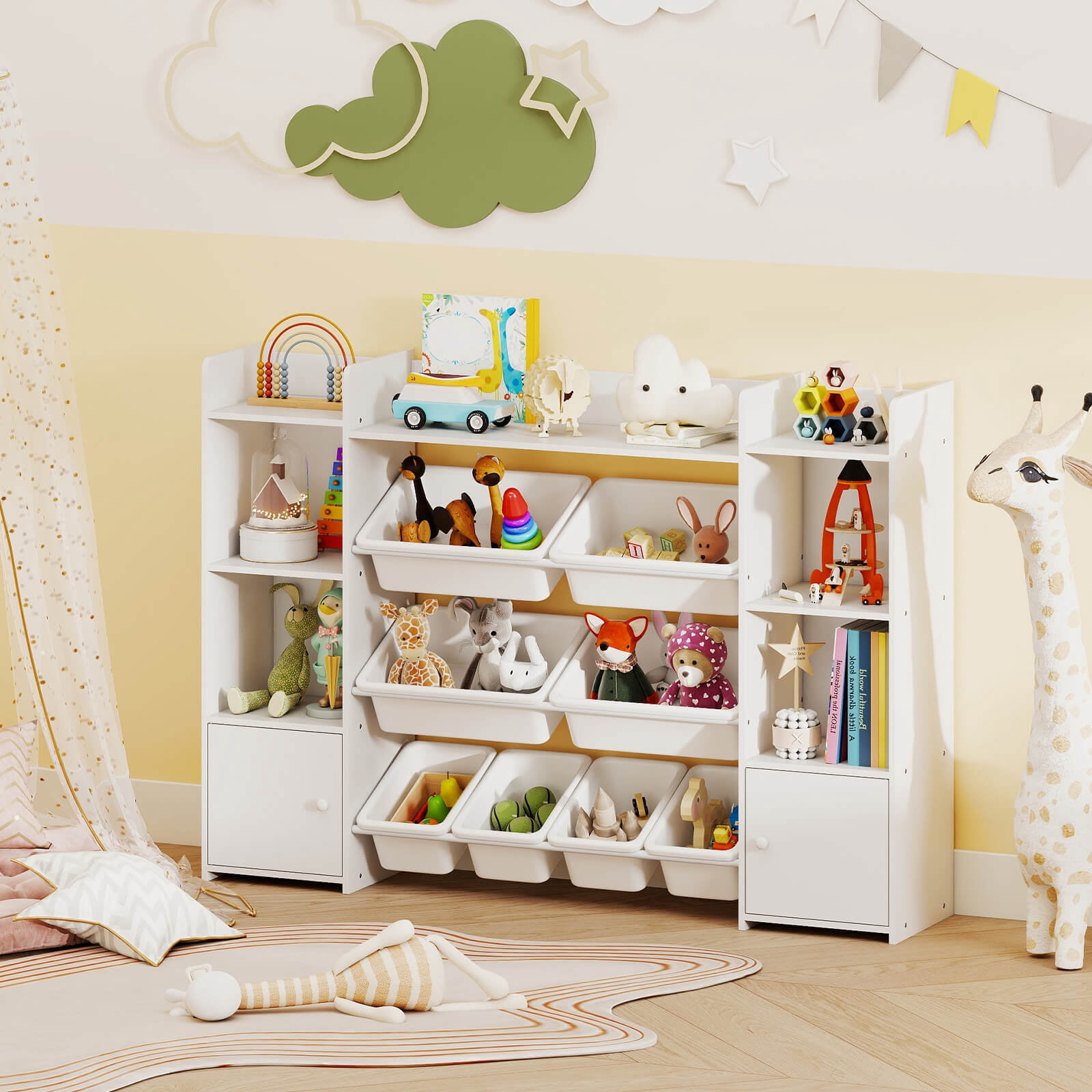 Costway 4-Tier Large Storage Cabinet with 6 Cubbies & 8 Removable Bins Bookshelf White