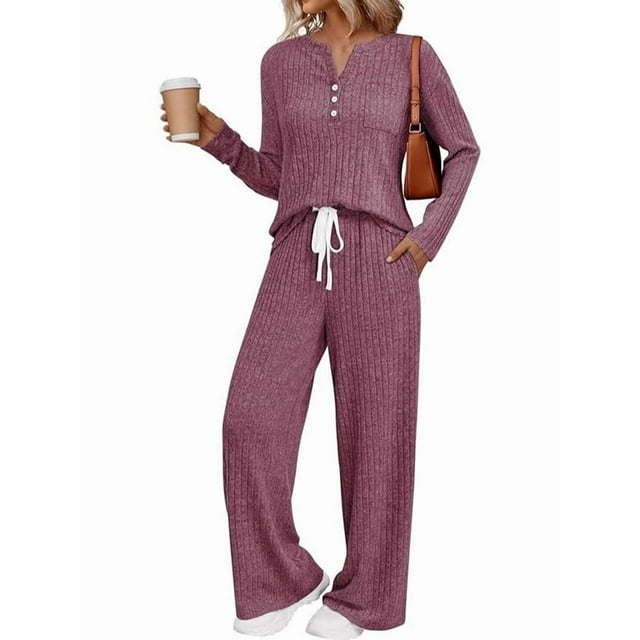 Womens 2 Piece Lounge Sets Fall Henley Neck Sweater Matching Sweat Suits Comfy Pajamas Clothes Pockets Wine Red XS