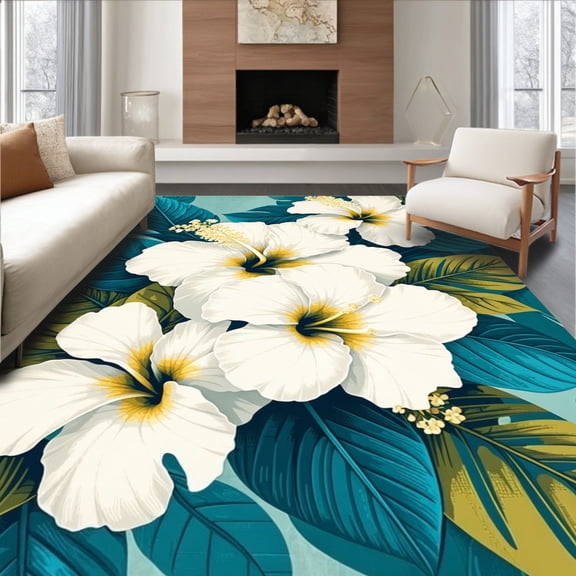 Flatwoven High Traffic Area Rug, Coastal Bloom Tropical Floral Runner, Non Slip, Stain Resistant, Washable Area Rugs for Living Room, Bedroom(White, 4X6)