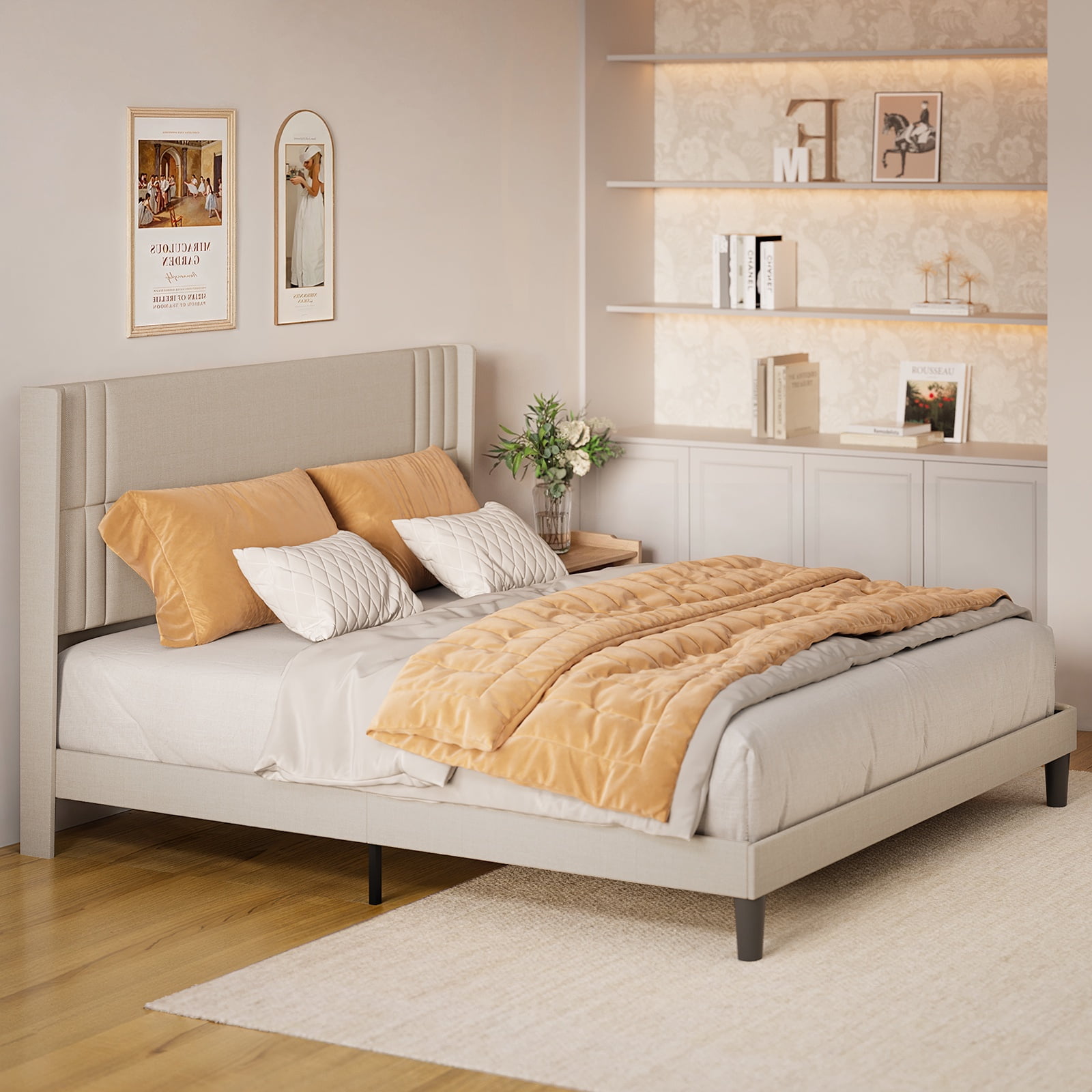 Asofer King Bed Frame with Upholstered Wingback Headboard, Modern Geometric Design, Wooden Slats Support, Beige