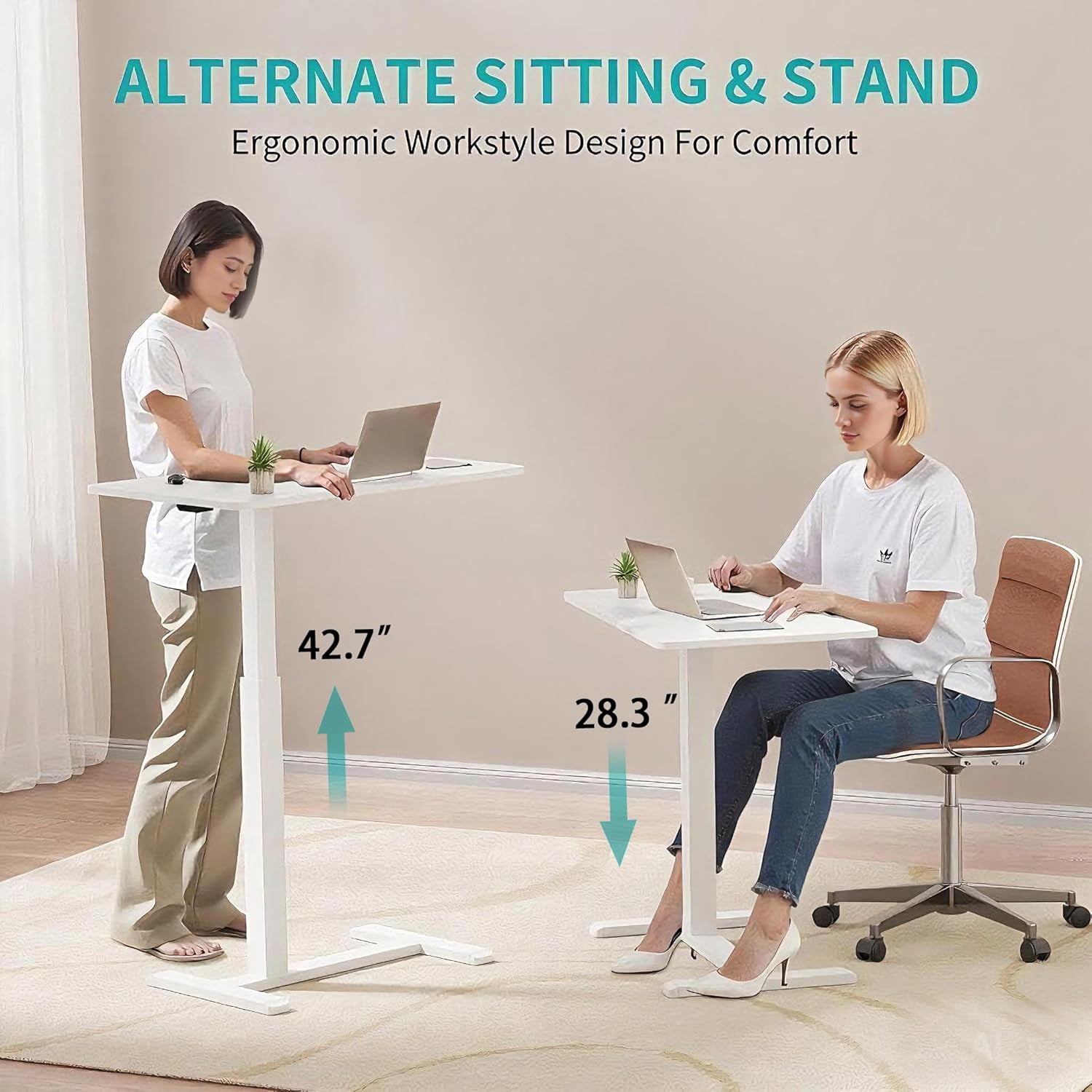 JessieMal Rolling Teacher Standing Desk with Hidden Wheels,Pneumatic Mobile Laptop Table Height Adjustable Small Sit Standing Desk for Home Office,White