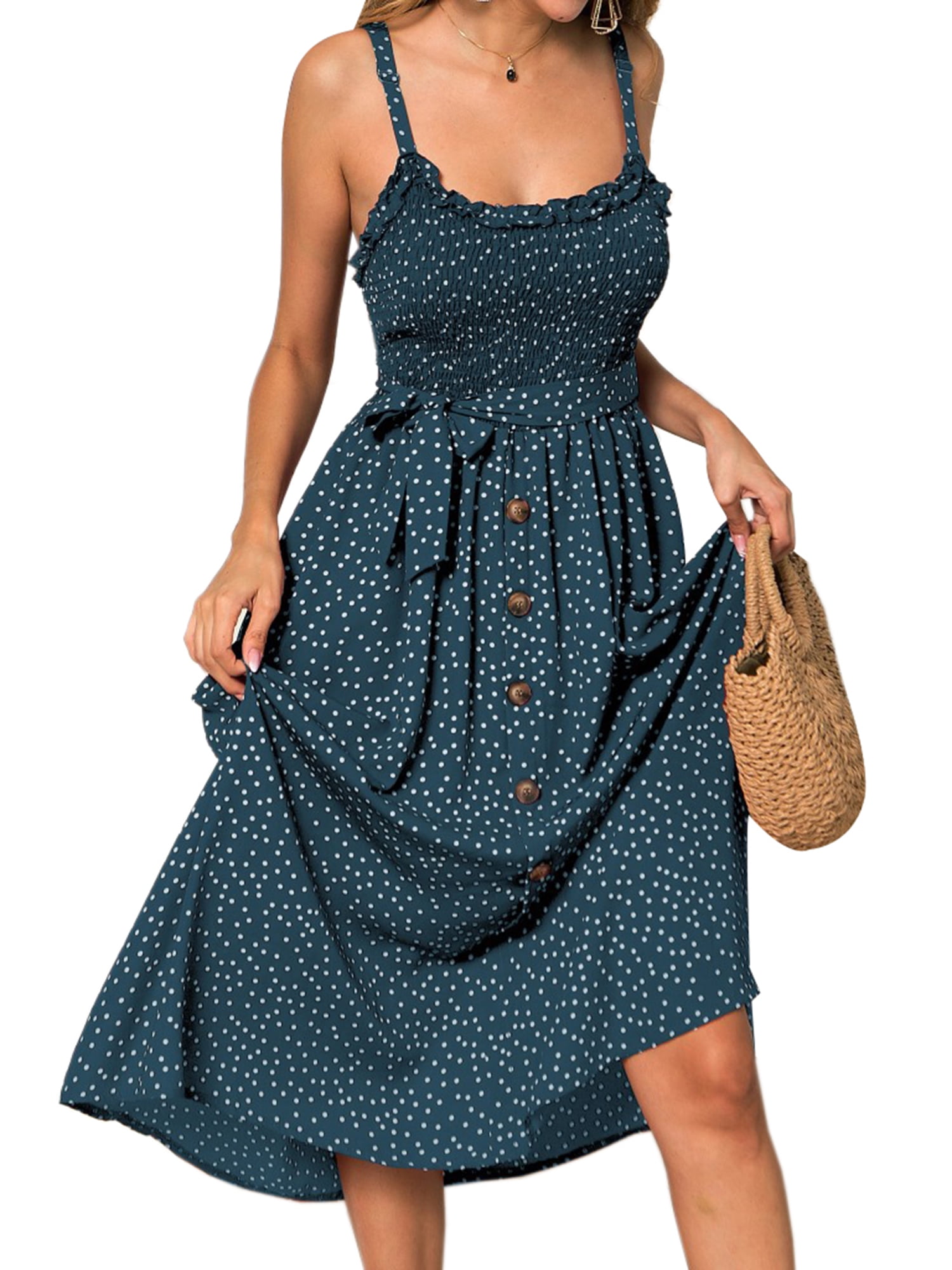 Womens Fashion Summer Spaghetti Strap V Neck Polka Bohemian Dot Print Casual Swing Dress 