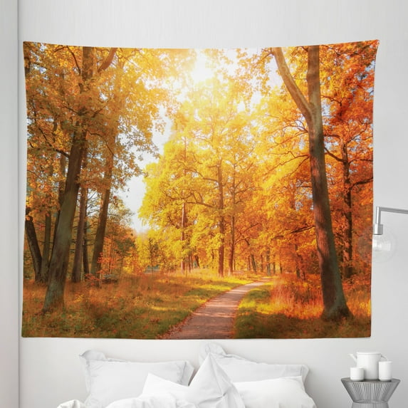 Trees Tapestry, Autumn Design Photo of Marigold Colored Fall Branches Oak and Maples Print, Fabric Wall Hanging Decor for Bedroom Living Room Dorm, 5 Sizes, Orange and Brown, by Ambesonne