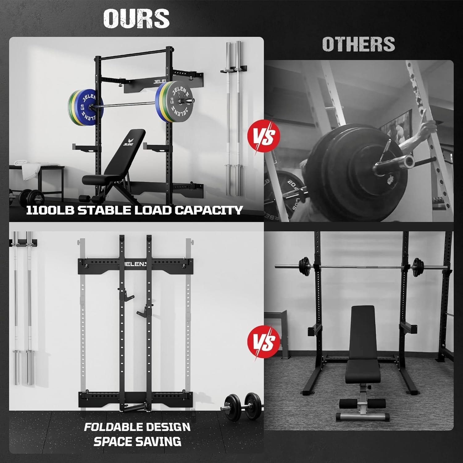 Folding Wall Mounted Squat Rack,1000 lbs Capacity Power Rack for Home Gym,Space-Saving Foldable Squat Rack with Pull-Up Bar & Landmine,Heavy-Duty 2.36" x 2.36" Steel Frame Power Cage