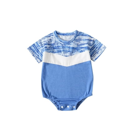 

Up to 30% off! Kukoosong Summer Baby Boy Clothes Fashion Cute Short Sleeve Splicing Stripe Print Casual Romper Blue 12-18 Months