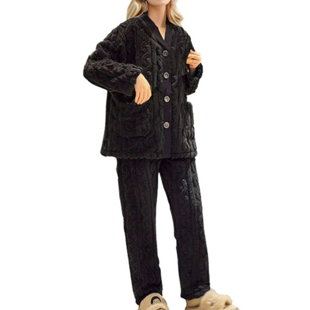 Gibobby Pijama de algodón para mujer Traje de invierno para mujer, ropa para el cálida y de terciopelo Coral fragante pequeño engrosado(Negro,XL)