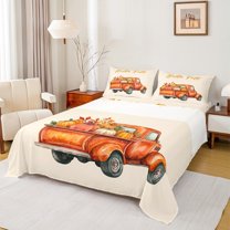 Homewish Autumn Botanical Pumpkin 4-Piece Full Size Sheets For Female Men Adults,Farmhouse Harvest Bed Sheets,Orange Truck Lightweight Sheet Sets,Luxury Bedroom Decor