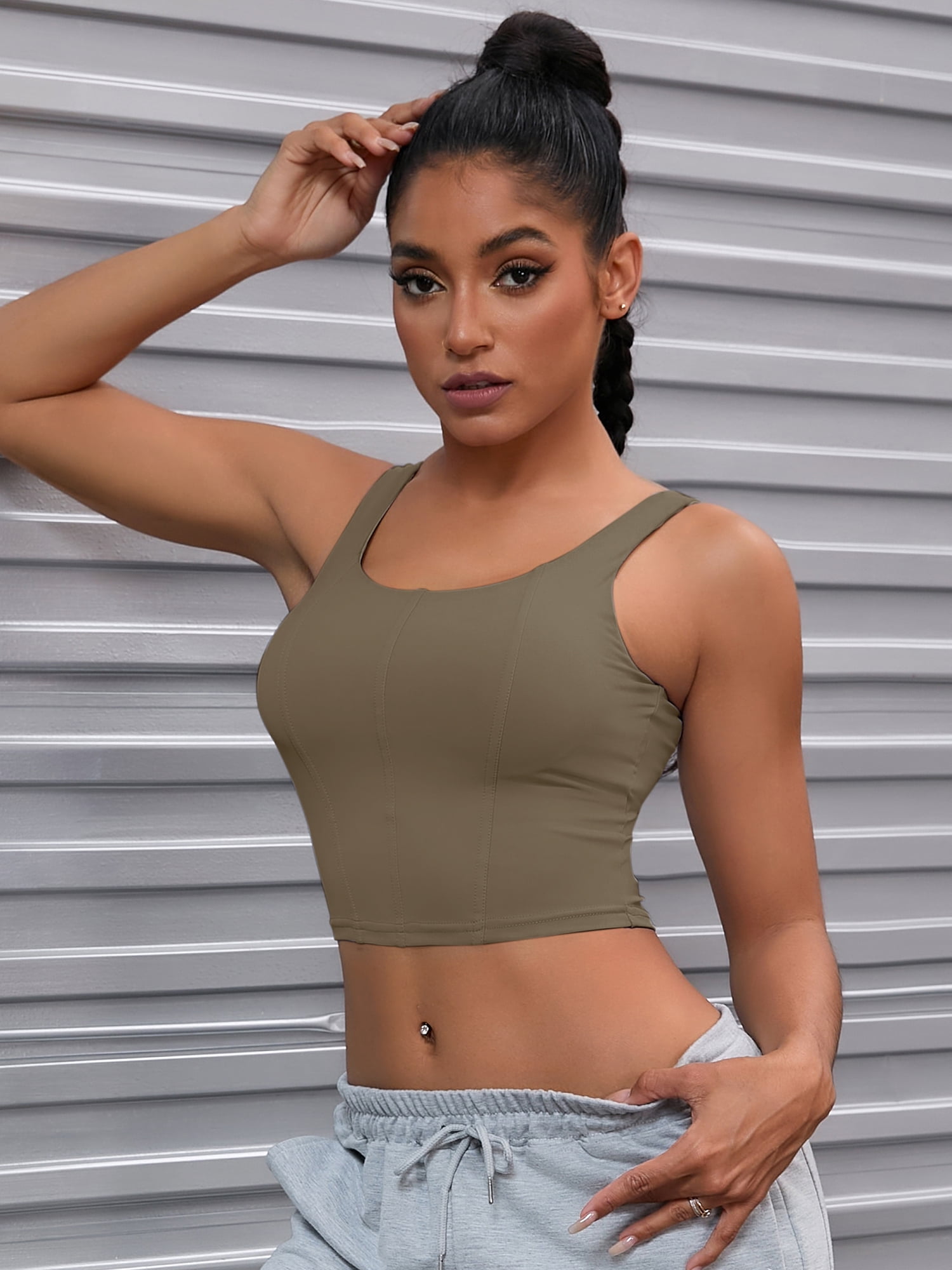 DARING DIVA Women's U Back Shapewear Muscle Tank Top With Built In Bra L Brown