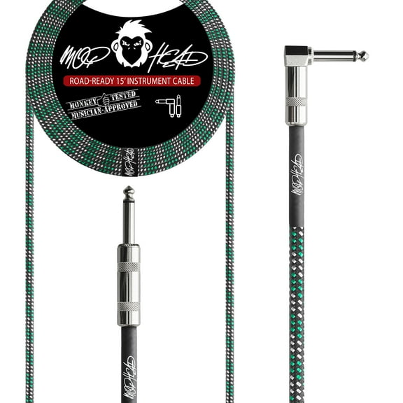 Mophead 15 Foot Double Insulated and Road Ready Tweed Braided 1/4 in TS to 1/4 in TS Guitar and Bass Instrument Cable Right Angle Black Green and White