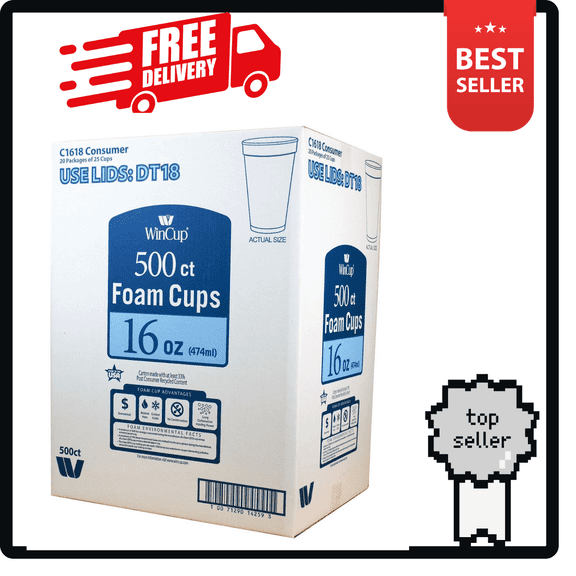 WinCup Foam Drink Cups, White, 16 oz