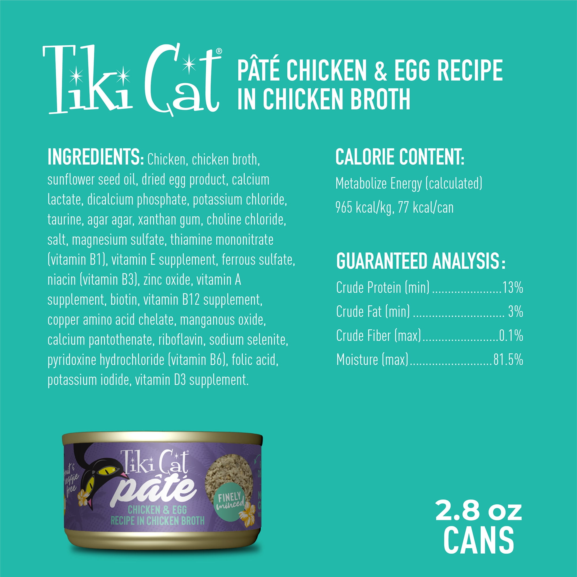 (24 pack) Tiki Cat Luau Pate Wet Cat Food, Chicken & Egg, 2.8 oz. Can