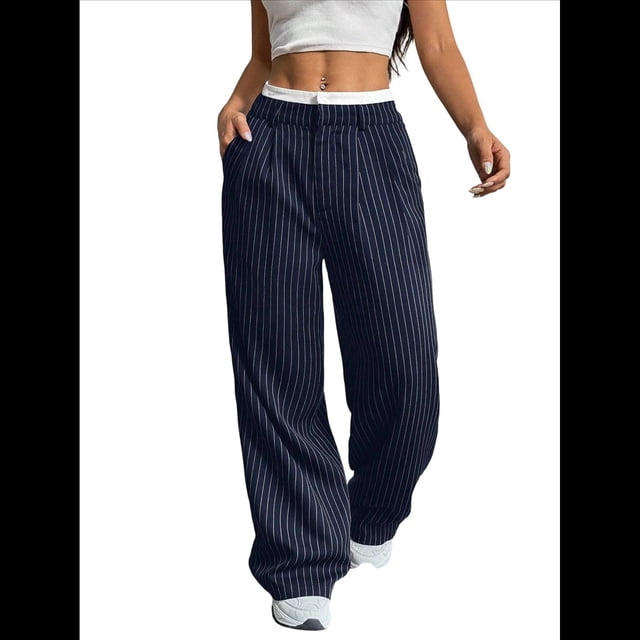 Pantalones Anchos y Holgados para Mujer, Estilo Palazzo Harén, Informales, A Rayas, con Cintura Elástica y Bolsillos Azul Marino S