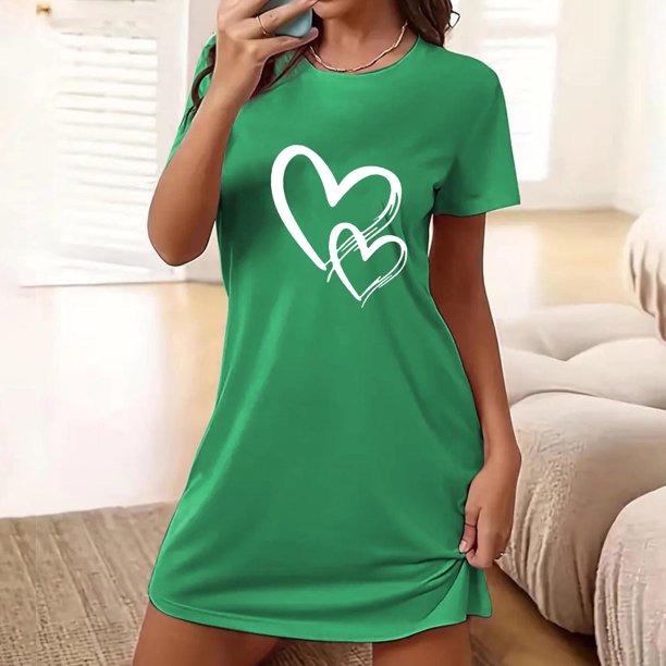 Camisón corto extragrande para mujer, estampado, cuello redondo y manga corta, de poliéster.