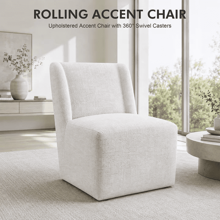 Aenkyo Upholstered Dining Chair with Casters, Modern Wingback Accent Side Chair, White