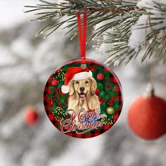 Flagwix Ceramic Christmas Tree Ornaments| Golden Retriever Wreath Christmas Hanging Ornament With Ribbon|Christmas Gifts - Circle, 1 Pcs