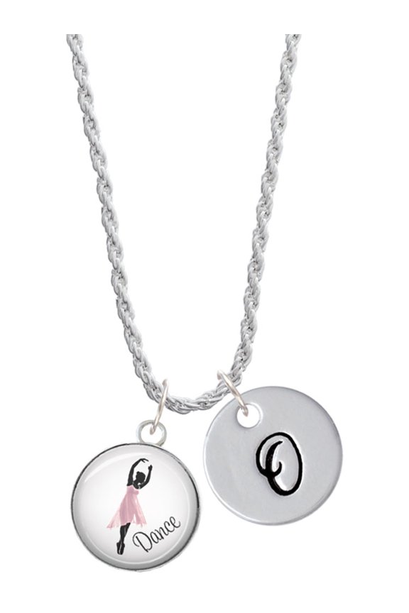 Silvertone Domed Pink Ballet Dancer Silvertone Script Initial Disc - O - Charm Necklace, 20"+3"