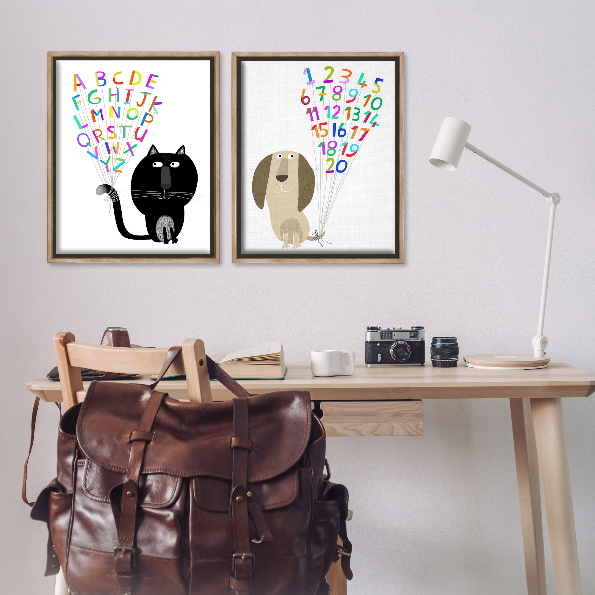 Stupell Industries Cat Dog Alphabet Numbers Education Painting Brown Floater Framed Canvas Art Print Wall Art, 31 x 25, Set of 2