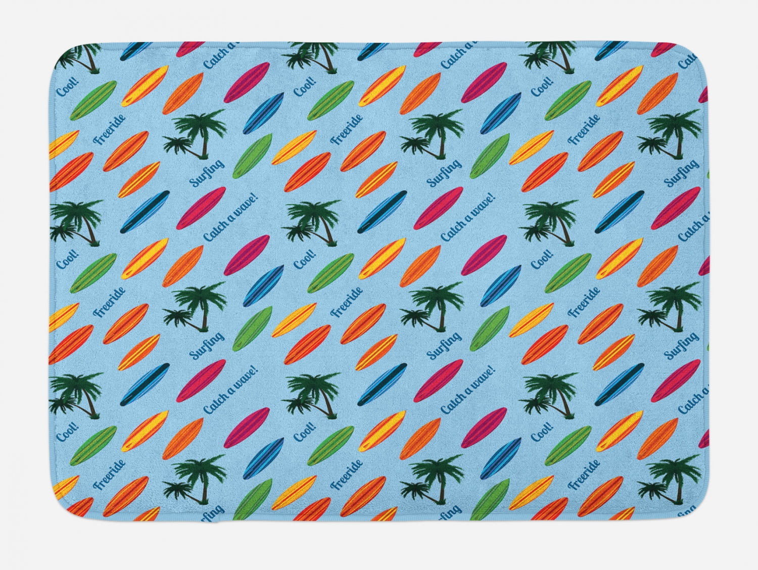 Surfboard Bath Mat, Exotic Hawaii Vacation Palm Trees and Colorful