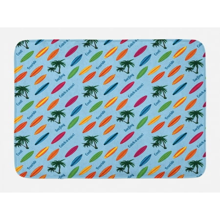Surfboard Bath Mat Exotic Hawaii Vacation Palm Trees And Colorful