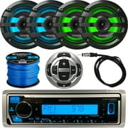 Kenwood KMR-M328BT Single DIN SiriusXM Ready USB Bluetooth Digital Media Receiver, Remote Control, 2 Pairs (QTY 4) of 6.75" 2-Way 260 Watts Max Black LED Speakers, Antenna, Speaker Wire