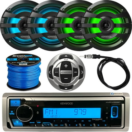 Kenwood KMR-M328BT Single DIN SiriusXM Ready USB Bluetooth Digital Media Receiver, Remote Control, 2 Pairs (QTY 4) of 6.75" 2-Way 260 Watts Max Black LED Speakers, Antenna, Speaker Wire