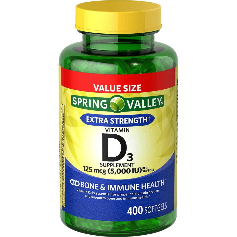 Spring Valley Vitamin D3 Softgels, 125 mcg per Softgel, 5,000 IU, 400
