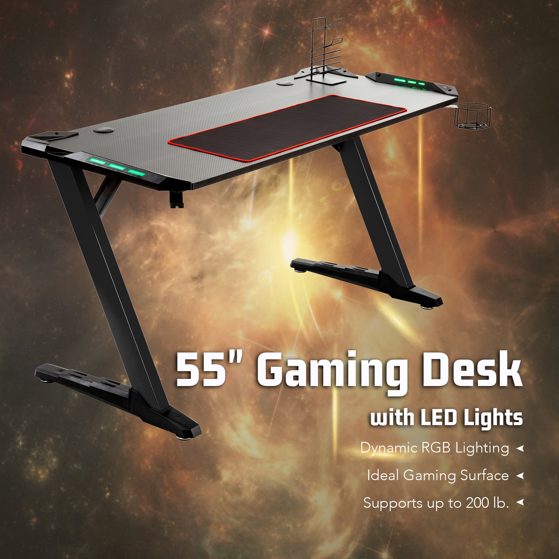 55" Gaming Table Z Shaped Gaming Desk with 6-Color LED Lights & Large Mouse Pad 