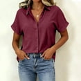 thumbnail image 5 of VBVC Women's Cotton Linen Button Down Blouse , Ladies' V Neck Short Sleeve Work Shirt , Summer Loose Fit Solid Tunic Top For Women, Wine , S-2XL, 5 of 8