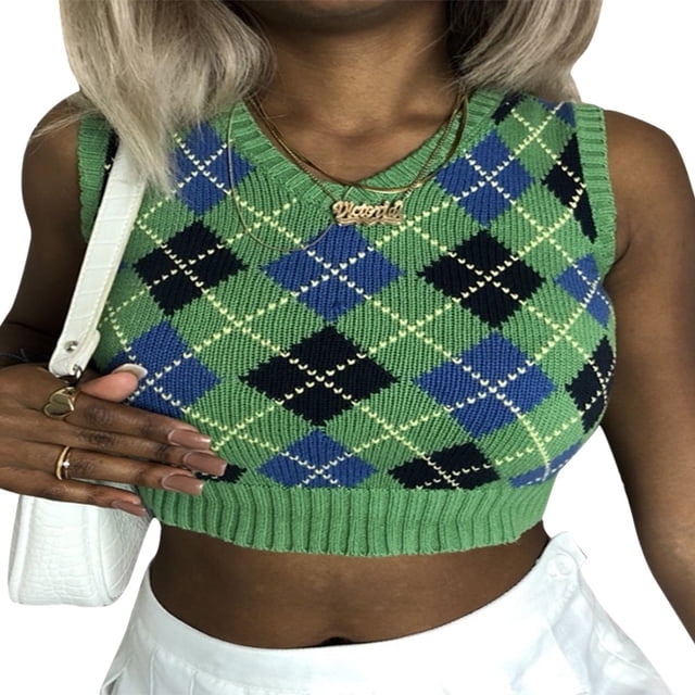 Women‘s V Neck Sleeveless Argyle Sweater Knitted Vest Slim Fit Ribbed Tank Crop Top Spring Fall Winter Kitwear