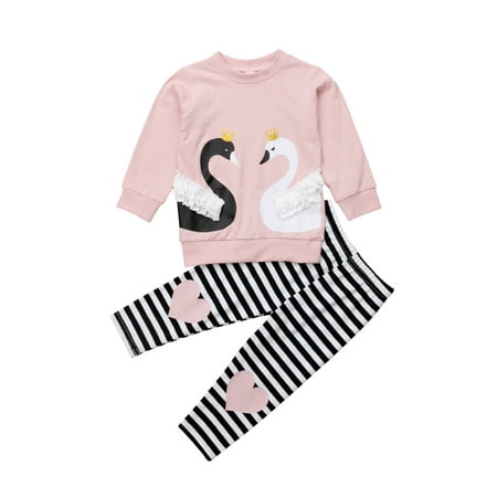 Little Girls Long Sleeve Swan Outfits T-Shirts and Striped Pants Set Fall Winter Clothes