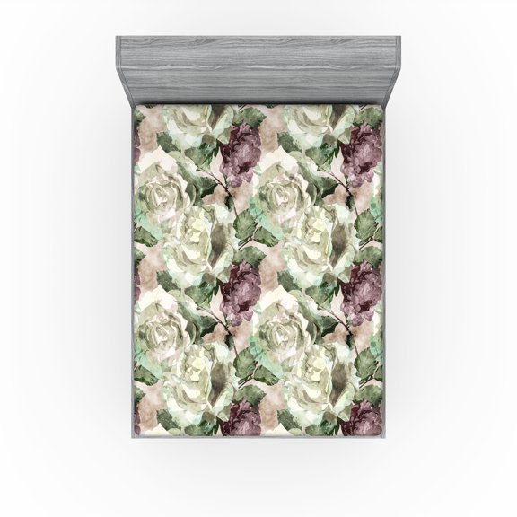 Ambesonne Rose Fitted Sheet, English Garden Watercolor Art, Full Size, Grey Yellow and Dried Rose