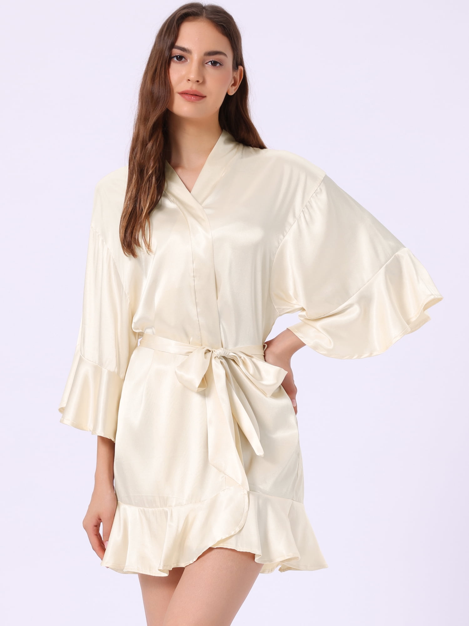 DARING DIVA Women's Satin Silky 3/4 Sleeves Tie Waist Loungewear Robes L Light Champagne