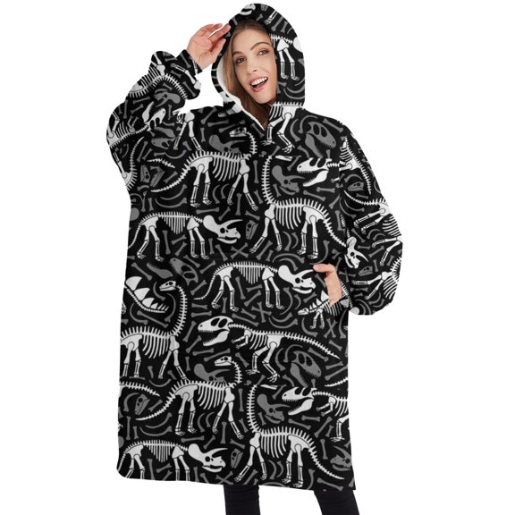 Oversized Wearable Blanket Hoodie,Black Cartoon Dinosaurs Fossils Pattern Sherpa Blanket Hoodie with Super Pockets,Super Warm Fuzzy Pullover for Women & Men