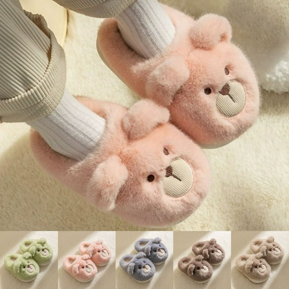 Girls Slippers Fall Winter Warm Fuzzy Indoor Cute Bear Shoes Cozy Home Soft Closed Toe Slip On Toddler Girl Shoes Coffee Sizes 12-18 M