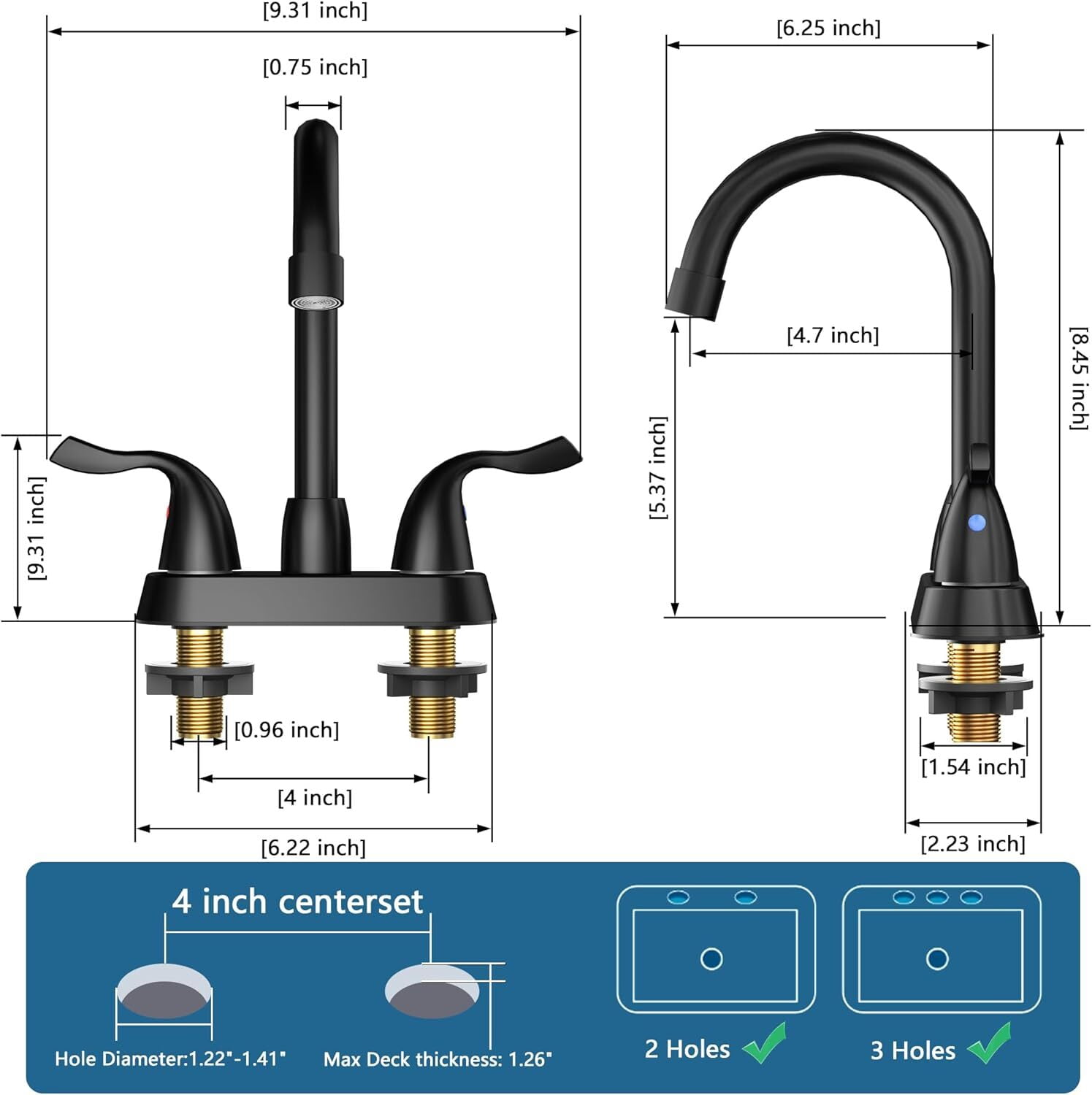 Matte Black Bathroom Sink Faucet, 2 Handle Bathroom Faucet 4 Inch Centerset Bathroom Faucet 3 Hole with Pop-up Drain and Supply Lines, Stainless Steel 360 Swivel Spout, Lead-Free