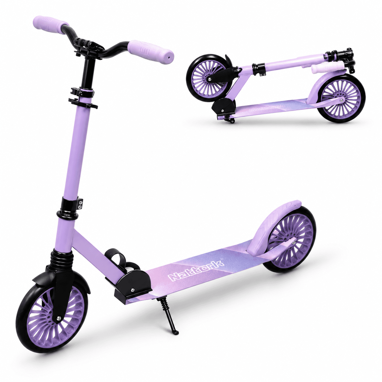 A-Purple Kick Scooter for Teens Adults 6+ Adjustable Height Foldable 8 Large Wheels Anti-Shock Suspension