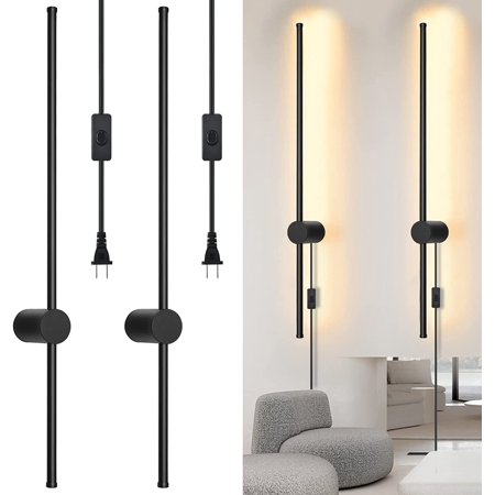 Wall Sconces Set of 2, Modern Black Wall Lamp with Plug in Cord On/Off ...