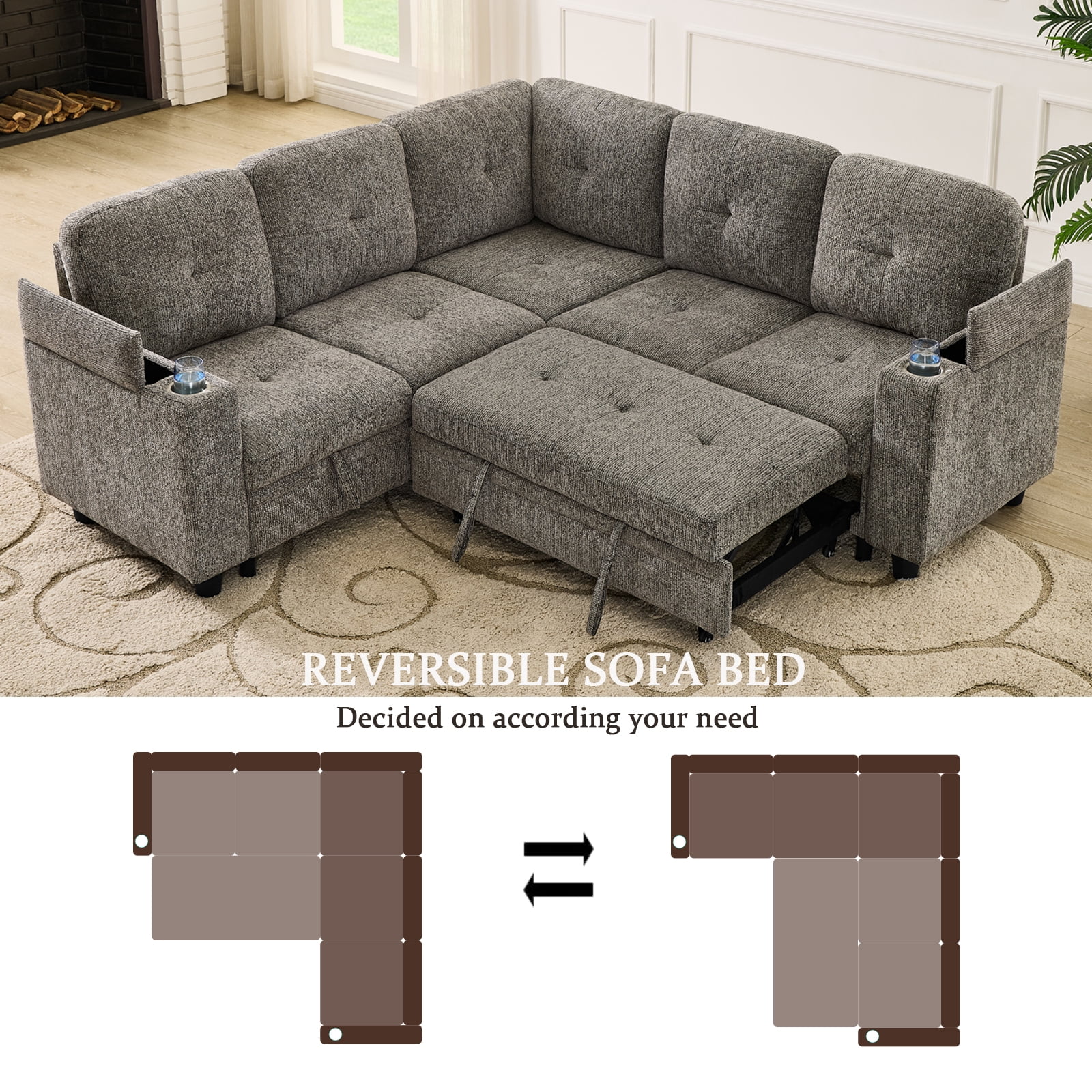Gewnee L-Shaped Sectional Sofa,Modern Chenille Modular Sofa with Storage Function,USB‑C Charging Ports & Cup Holders,Pull Out Couch for Living Room,Grey