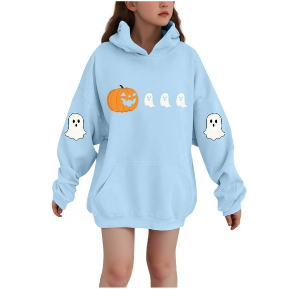 SERTG Children Halloween Printed Hooded Tops Long Sleeved Sweatshirt with Pockets Fleece Top Hooded Sweatshirt for Girls 3-14 Years(Light blue,5-6 Years)