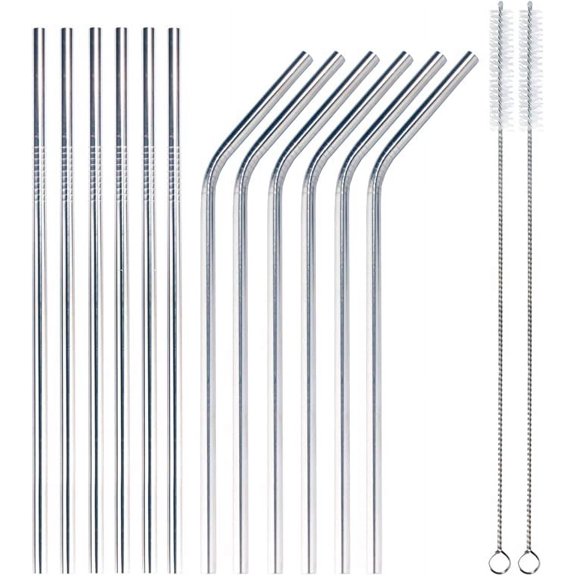 BambooMN Reusable Stainless Steel Metal Drinking Straws - 8"/8.5" (6 Thin Straight/6 Bent Straws) w/ 2x Cleaning Brushes - 12 Pack