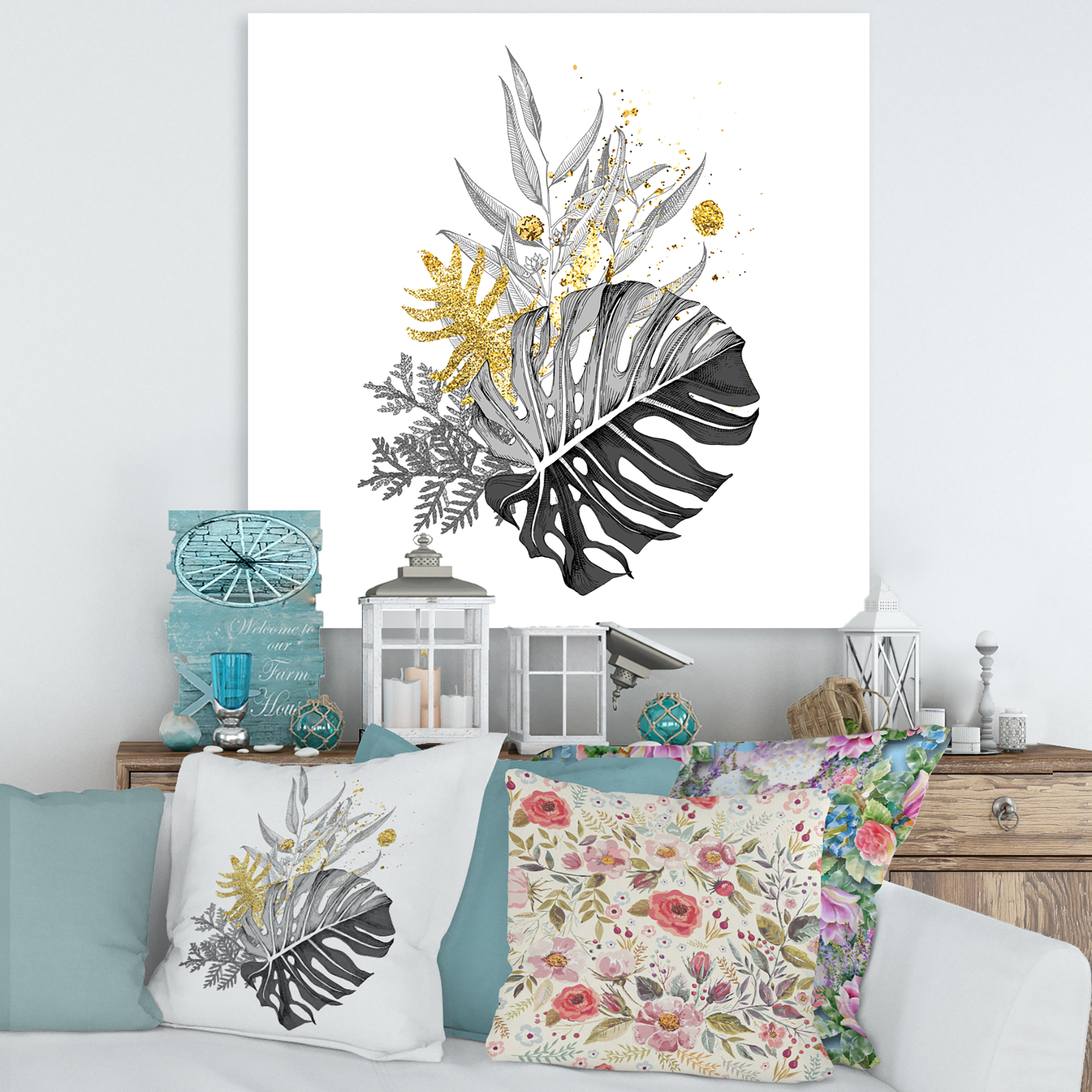 Designart ' Bouquet With Golden Tropical Leaves and Monochrome ' Tropical Canvas Wall Art Print