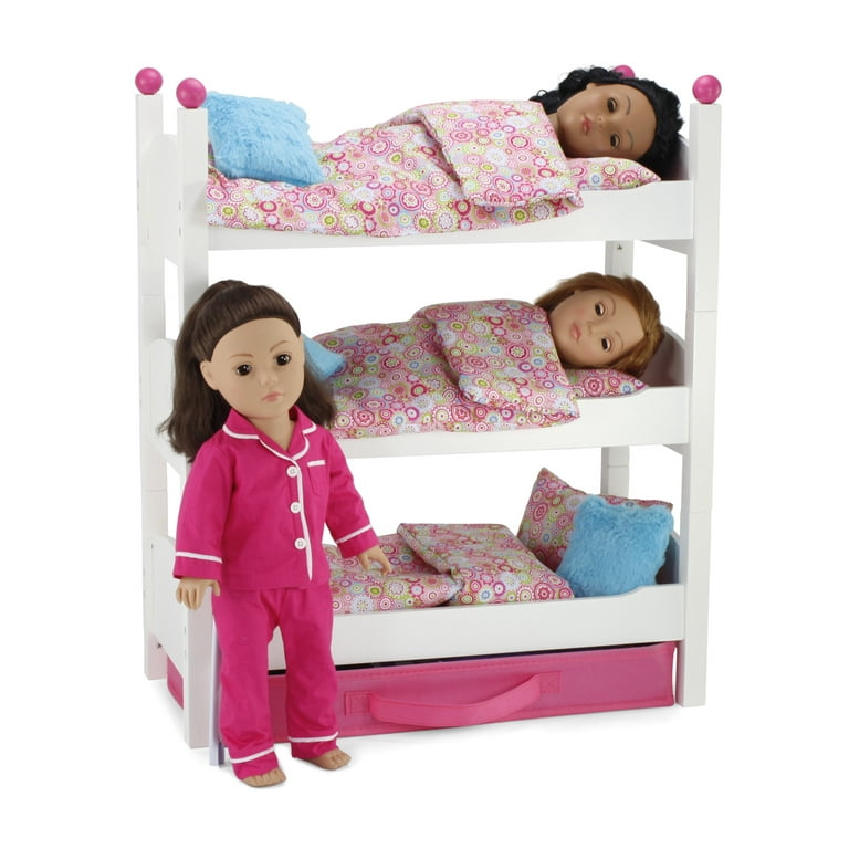 Emily Rose Inch Doll Clothes Bunk - 18" Doll Triple Bunkbed Gift Set | 18" Doll Bed with Clothing Storage Drawer and 3 - PC Doll Bedding Accessory