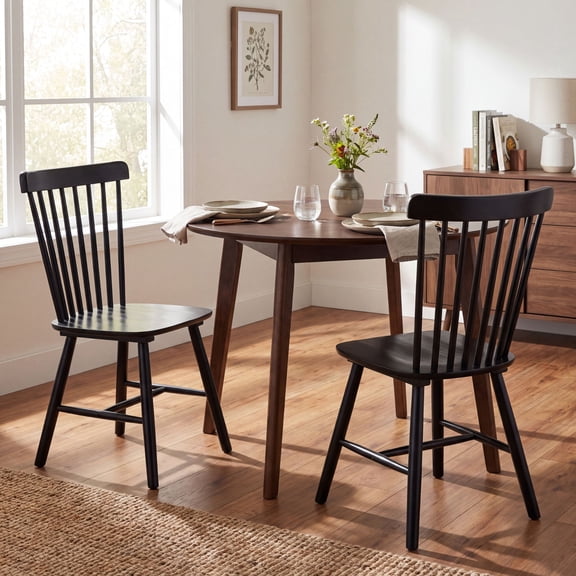 Dayalane Farmhouse Windsor Dining Chairs Set of 2, Solid Wood Spindle Back Dining Side Chairs, Mid-Century French Country Oak Kitchen Chairs for Dining Room Living Room Kitchen Restaurant, Black