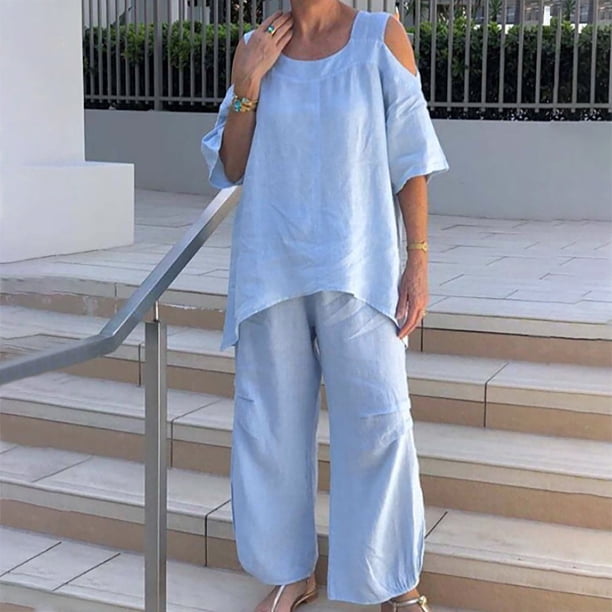 Puntoco Mujer Manga Corta Color Fuera del Hombro Irregular Añadir Traje de Pantalones Sueltos Puntoco Puntoco-3474