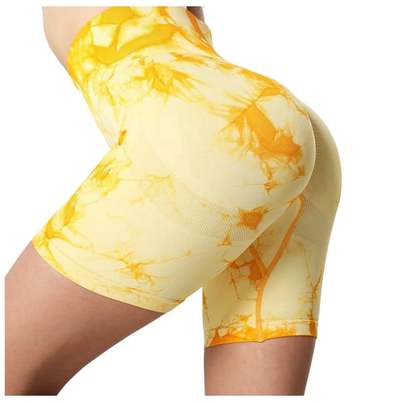 Fiaer Women's Tie Dye Workout Shorts Scrunch Seamless Shorts High Waisted Contour Gym Yoga Biker Shorts Yellow XL